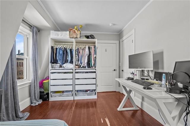 office with hardwood / wood-style flooring and ornamental molding