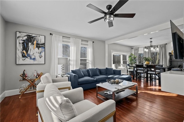 living room featuring ceiling fan with notable chandelier and dark hardwood / wood-style flooring