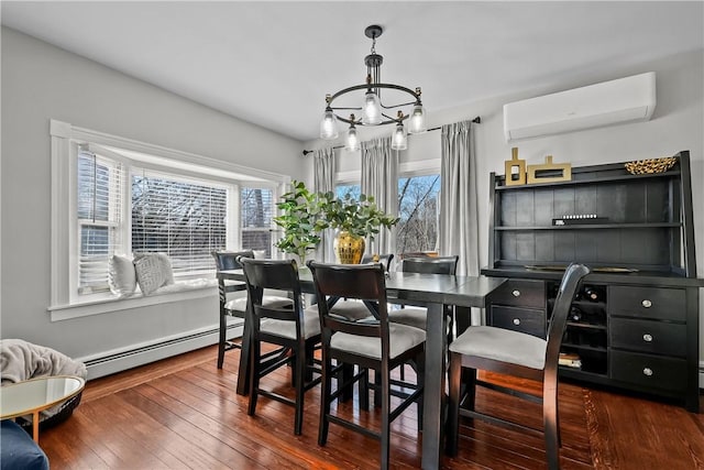 dining area featuring a baseboard radiator, plenty of natural light, a wall mounted AC, and dark hardwood / wood-style flooring