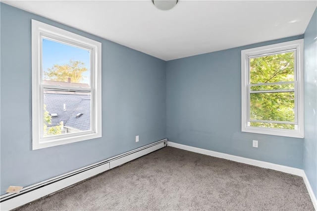 carpeted spare room with a baseboard radiator