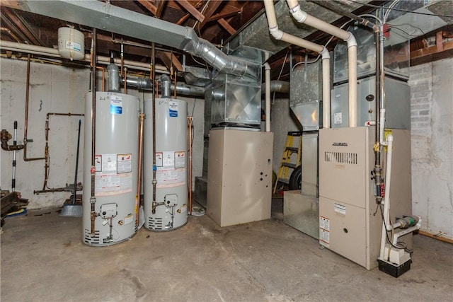 utility room with heating unit and water heater