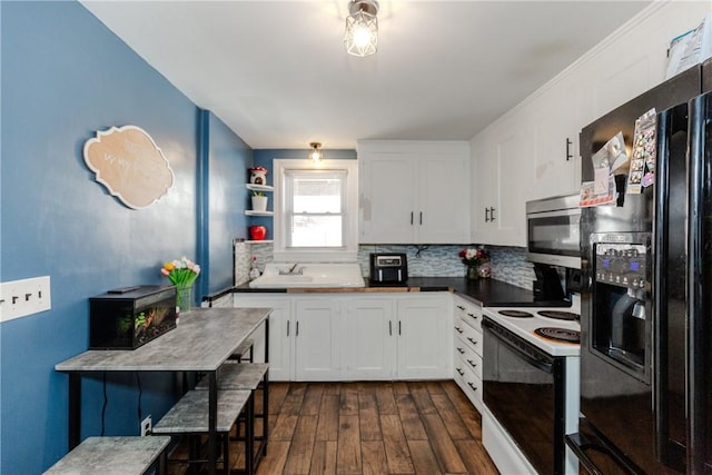 kitchen with white cabinetry, backsplash, dark hardwood / wood-style flooring, black fridge with ice dispenser, and electric stove