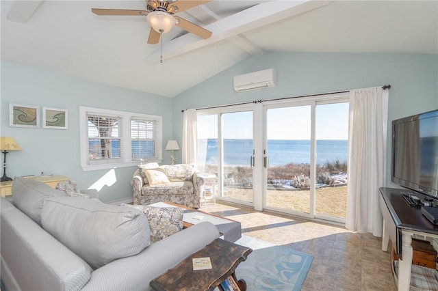 living room with vaulted ceiling with beams, an AC wall unit, and ceiling fan