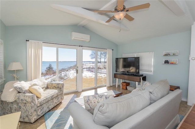 living room featuring ceiling fan, a wall mounted air conditioner, and lofted ceiling with beams