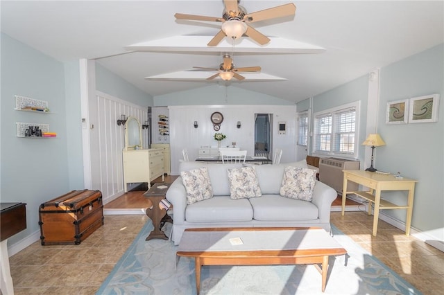 living room featuring lofted ceiling and ceiling fan