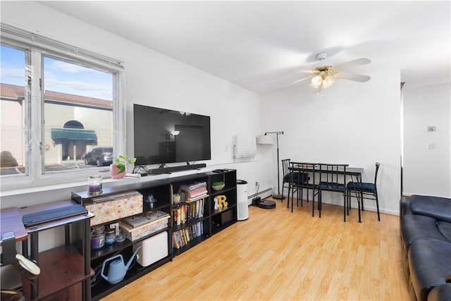 living room with ceiling fan and light hardwood / wood-style flooring