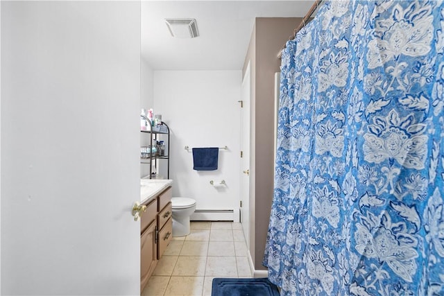 bathroom featuring baseboard heating, tile patterned flooring, vanity, a shower with curtain, and toilet