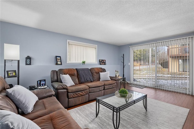 living room with wood-type flooring and a textured ceiling