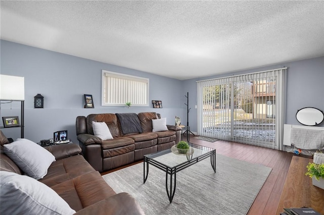 living room with hardwood / wood-style flooring and a textured ceiling