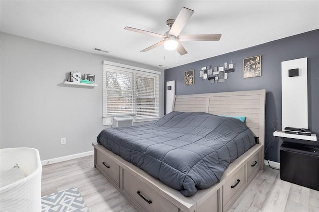 bedroom featuring ceiling fan and light hardwood / wood-style floors