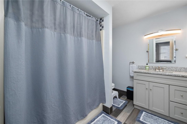 bathroom featuring wood-type flooring, curtained shower, and vanity