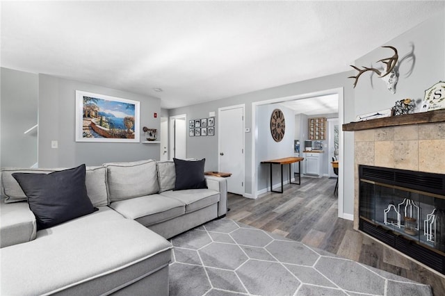 living room with hardwood / wood-style flooring and a fireplace