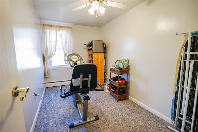 exercise area featuring ceiling fan and carpet