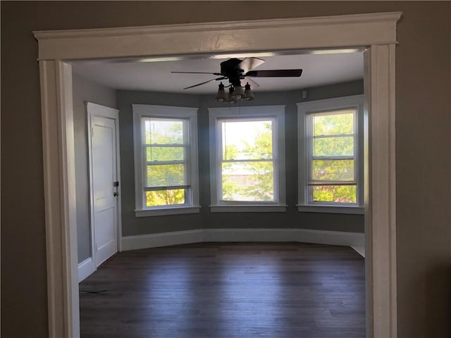 interior space with ceiling fan and dark hardwood / wood-style flooring