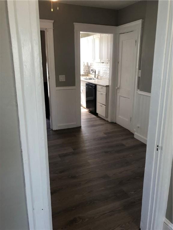 hall with dark wood-type flooring and sink