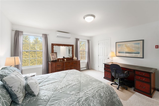 bedroom featuring light colored carpet, a baseboard radiator, and an AC wall unit