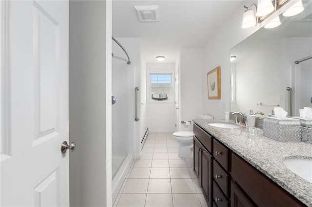 bathroom with a baseboard heating unit, vanity, tile patterned floors, toilet, and walk in shower