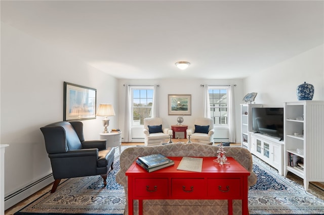 living room with hardwood / wood-style flooring and a baseboard radiator