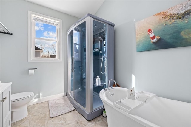 full bathroom featuring vanity, separate shower and tub, and toilet