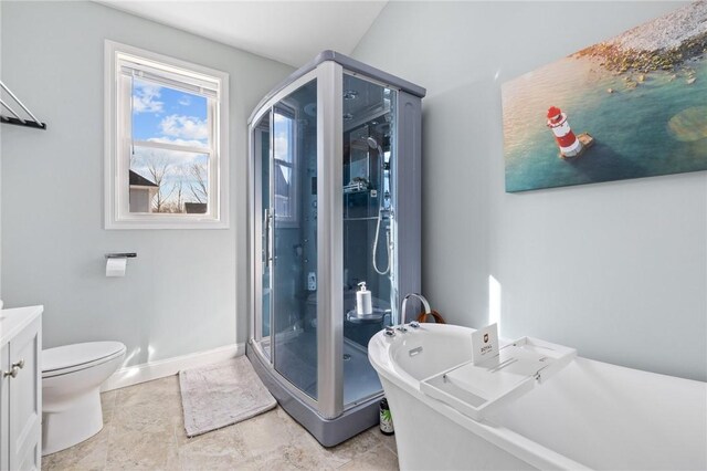 bathroom featuring baseboards, toilet, a stall shower, a freestanding tub, and vanity