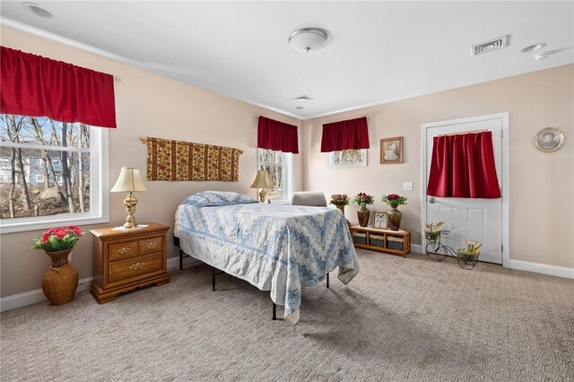 carpeted bedroom featuring visible vents and baseboards