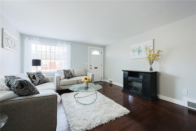 living room with dark wood-type flooring