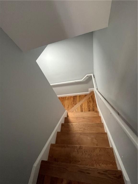 staircase with hardwood / wood-style flooring