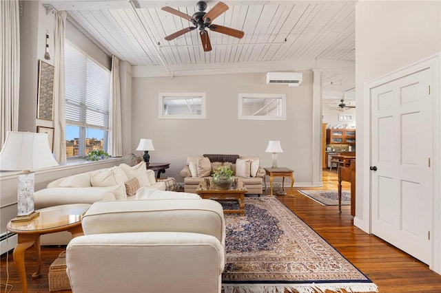 living room featuring wood ceiling, wood-type flooring, an AC wall unit, and ceiling fan