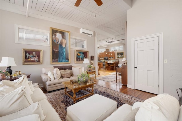 living room featuring dark wood-type flooring, ceiling fan, a wall mounted air conditioner, and wooden ceiling