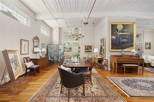 dining area featuring hardwood / wood-style flooring, a notable chandelier, beam ceiling, and wood ceiling