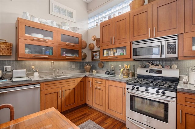 kitchen featuring sink, appliances with stainless steel finishes, dark hardwood / wood-style floors, decorative backsplash, and a high ceiling