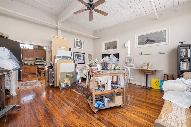 living room featuring ceiling fan, dark hardwood / wood-style floors, wooden ceiling, and beam ceiling