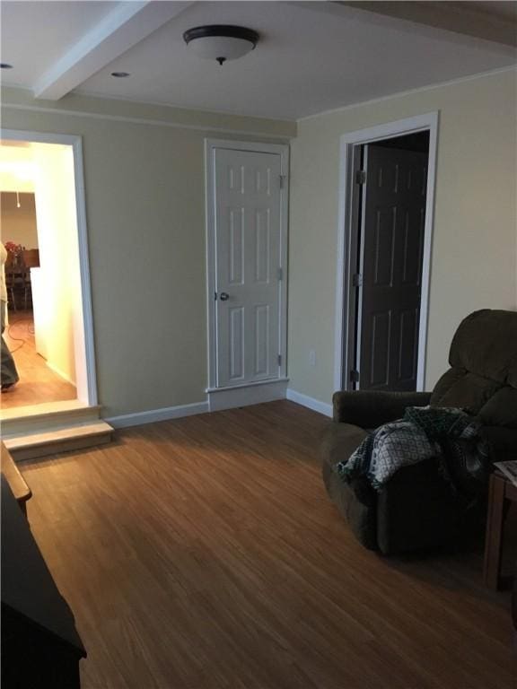 living room featuring beam ceiling and dark wood-type flooring