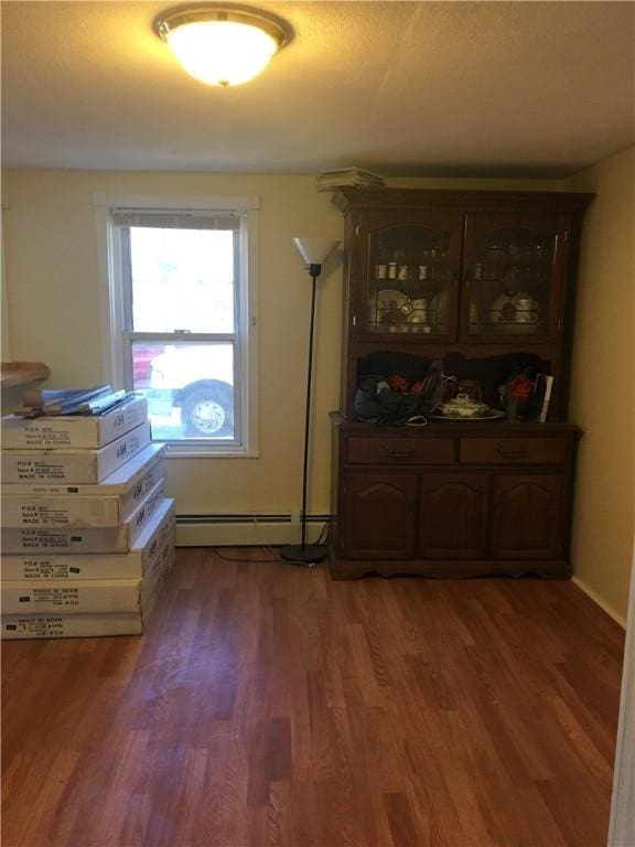 interior space featuring dark hardwood / wood-style flooring and a baseboard heating unit