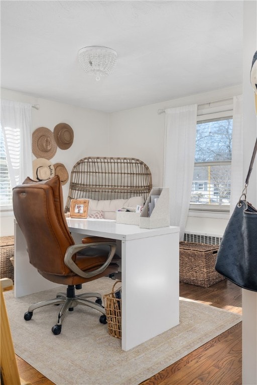 office area featuring radiator and hardwood / wood-style floors