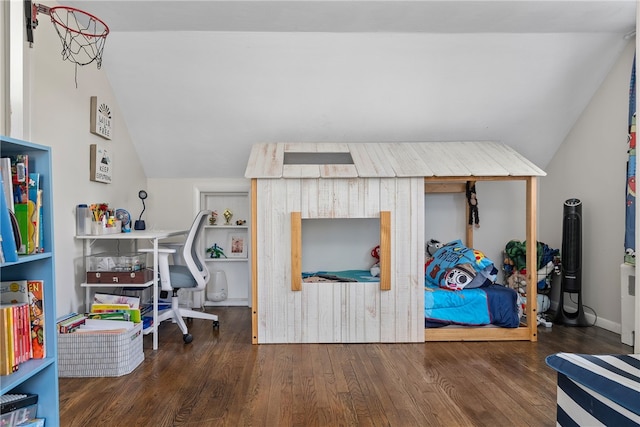 bedroom featuring dark hardwood / wood-style flooring and lofted ceiling