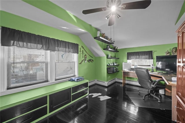 office space with hardwood / wood-style flooring and ceiling fan