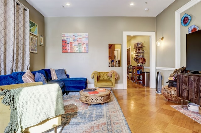 living room featuring light parquet flooring