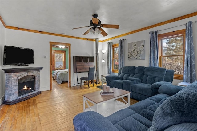 living room featuring ceiling fan, ornamental molding, a stone fireplace, and light hardwood / wood-style floors