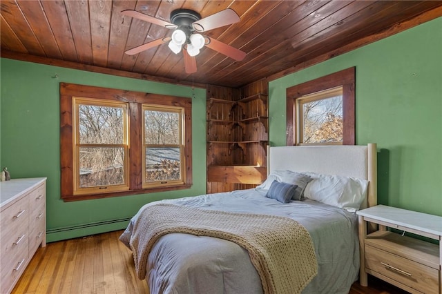 bedroom with a baseboard radiator, ceiling fan, wood ceiling, and light hardwood / wood-style flooring