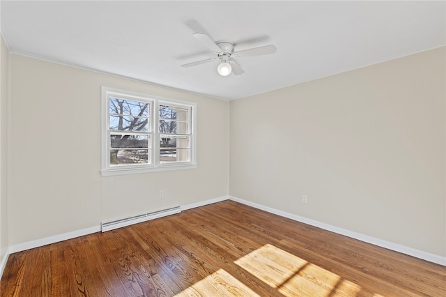 empty room featuring ceiling fan, hardwood / wood-style floors, and a baseboard heating unit