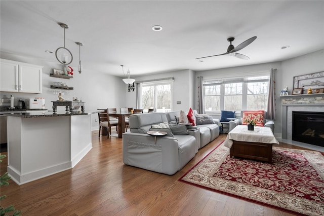 living room featuring dark wood-type flooring and ceiling fan