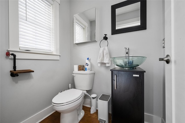 bathroom featuring vanity, hardwood / wood-style floors, and toilet