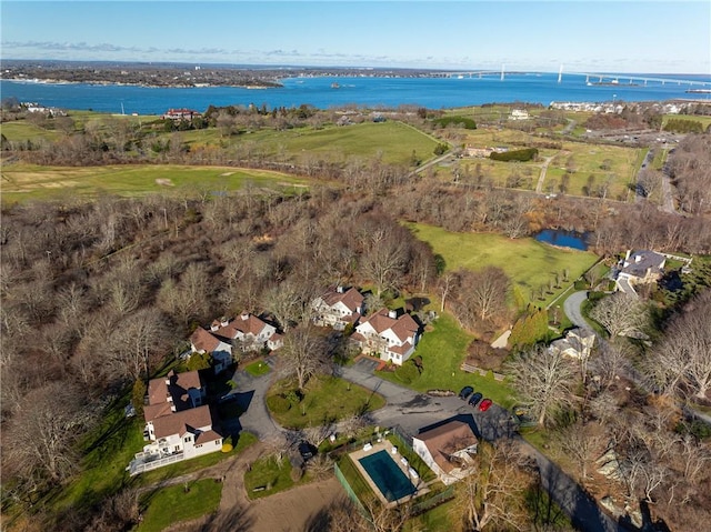 bird's eye view with a water view