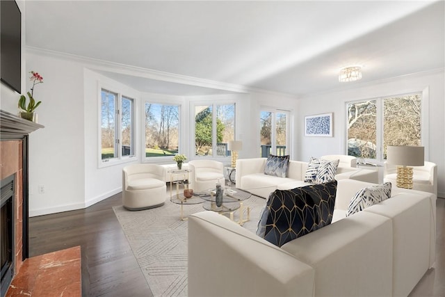 living room with ornamental molding and dark hardwood / wood-style floors