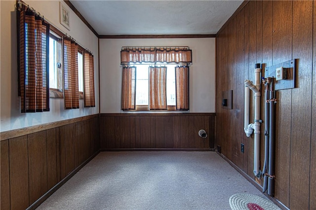 carpeted spare room featuring crown molding and wood walls