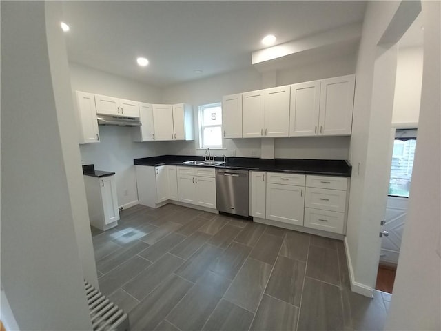 kitchen featuring white cabinetry, dishwasher, sink, and dark hardwood / wood-style floors