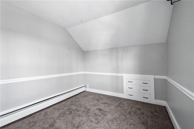 bonus room with vaulted ceiling, carpet floors, and a baseboard heating unit