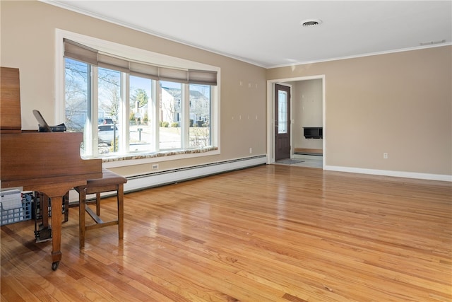 interior space with ornamental molding and light wood-type flooring