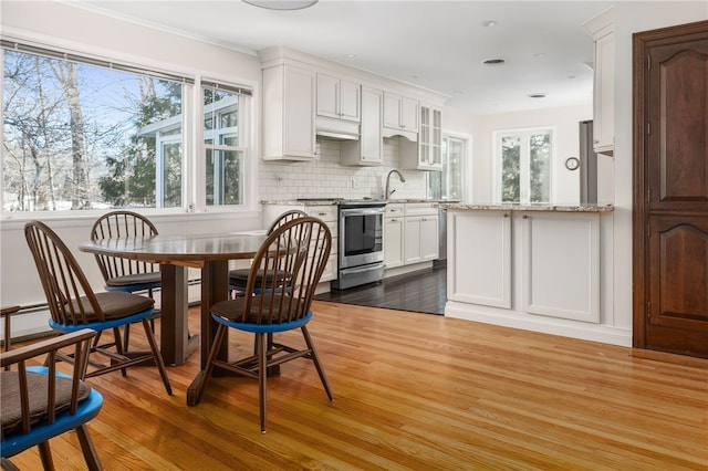 kitchen with sink, white cabinetry, backsplash, electric range, and wood-type flooring